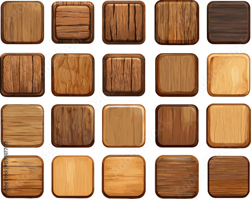 Wooden square game buttons. Isolated wood textures, renovation floor wall or roof ceiling samples. Decorative dark and light wood vector elements