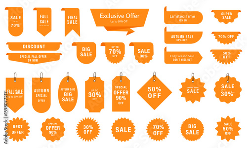 Big vector set of promotional autumn labels and badges. Includes sale, discount, and special offer elements. Perfect for seasonal marketing, banners, and packaging. Vector illustration.