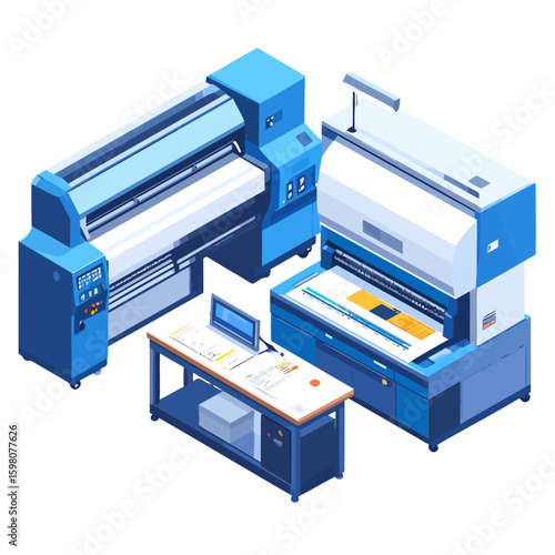 Isometric illustration of modern industrial printing machinery and digital design workstation setup