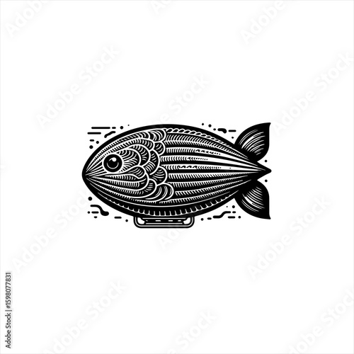 Whimsical fish shaped blimp in black and white line art style