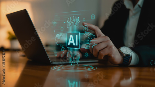 A professional business photo of a person's hand interacting with a holographic AI interface on a wooden desk.