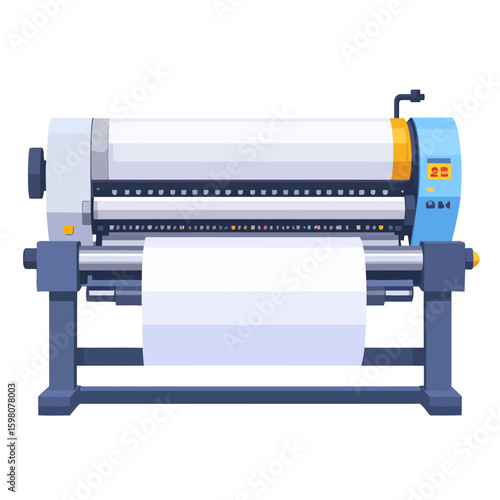 Industrial large format plotter printer with a white paper roll, a blue and grey machine.