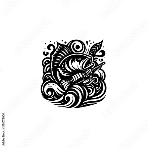 Stylized black and white illustration of a fish biting a fishing lure