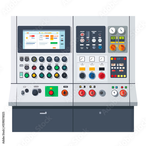 Detailed industrial control panel with a digital HMI screen, gauges, and colorful buttons.
