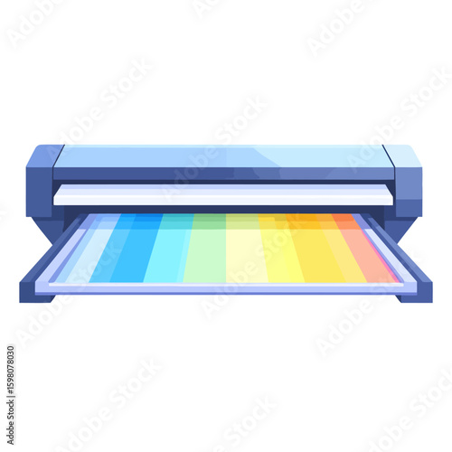 Blue wide-format plotter printer creating a vibrant rainbow color gradient on a large sheet of paper.