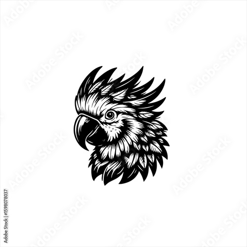 Black and white illustration of a cockatoo head with a crest