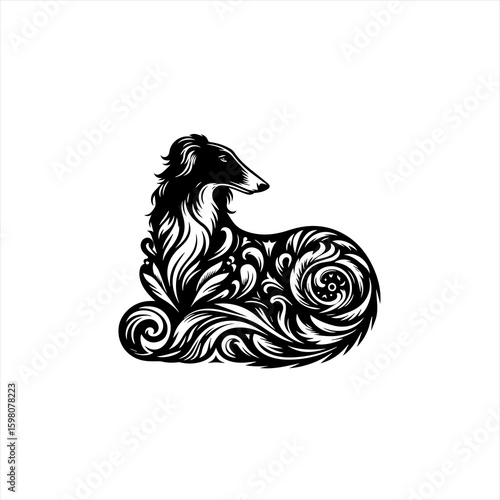 Elegant borzoi dog silhouette with ornate floral swirls and patterns