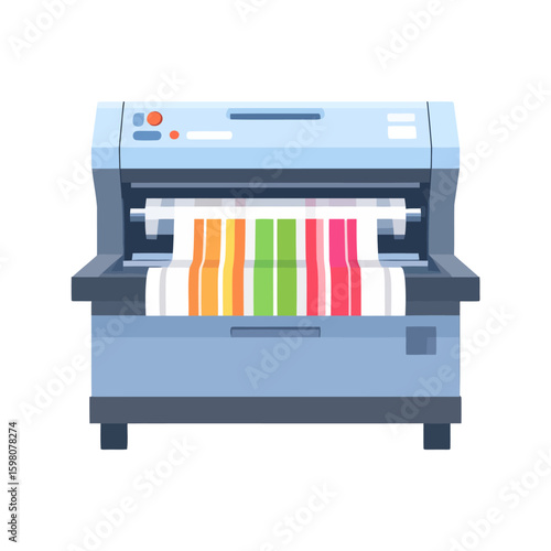 Flat vector illustration of an industrial wide-format printer producing a roll of paper with colorful vertical stripes.