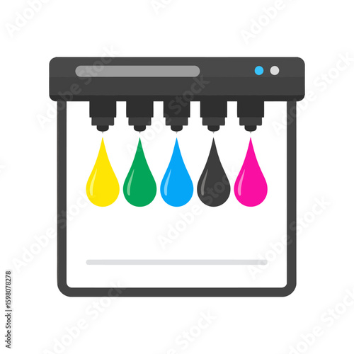 Vector Illustration of a Modern Inkjet Printer with Colorful Ink Drops