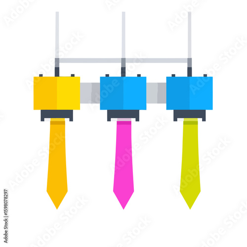 Colorful Inkjet Printer Heads with Yellow, Pink, and Green Ink Streams