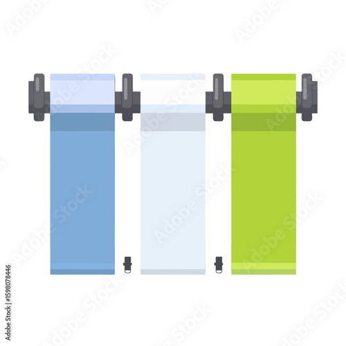 Three colorful rolled fitness mats in blue, white, and green hanging neatly on a dark grey wall rack.