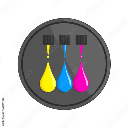 Vibrant CMY Ink Drops Dripping from Printer Cartridge Nozzles in Flat Vector Style
