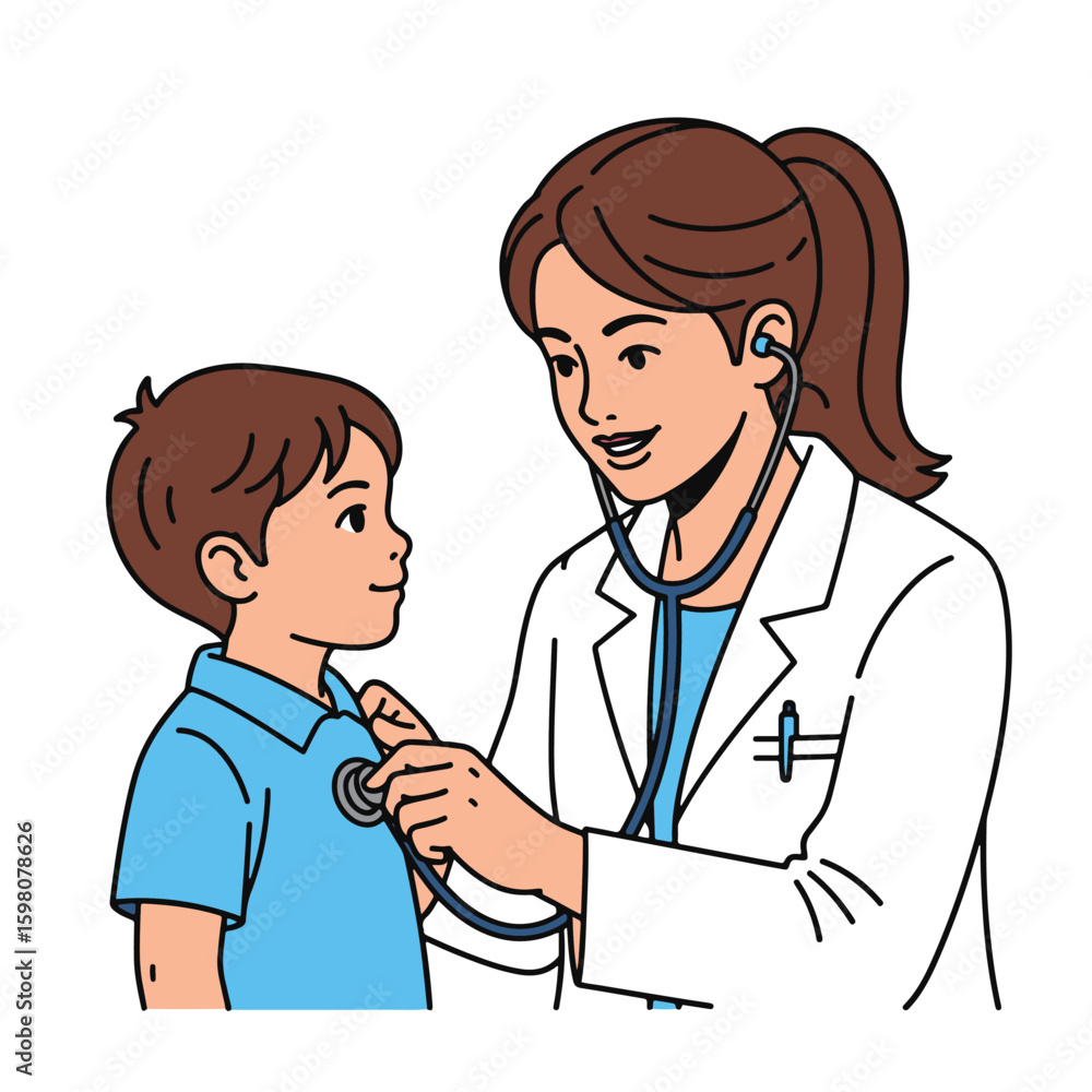 A vector illustration of a female doctor wearing a white coat and using a stethoscope, interacting with a young child patient, friendly expression A vector illustration of a female doctor wearing a white coat and using a stethoscope, interacting with a young child patient, friendly expression