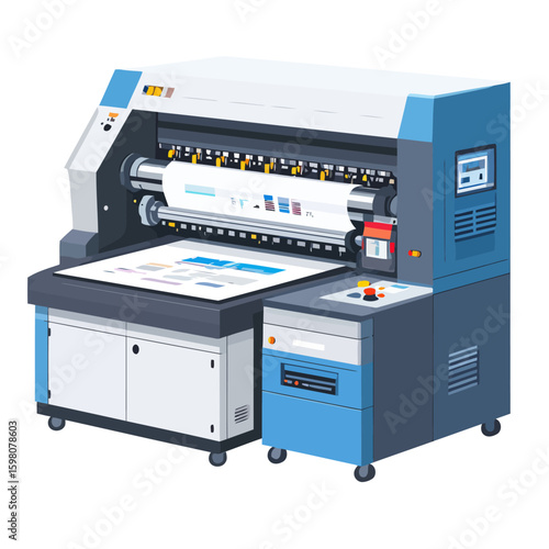 Industrial large-format digital printer with control panel and rollers, printing a document. Flat vector illustration.