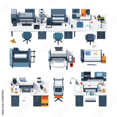 A set of modern printing house equipment viewed from above. Vector illustration of printers, plotters, and workstations.