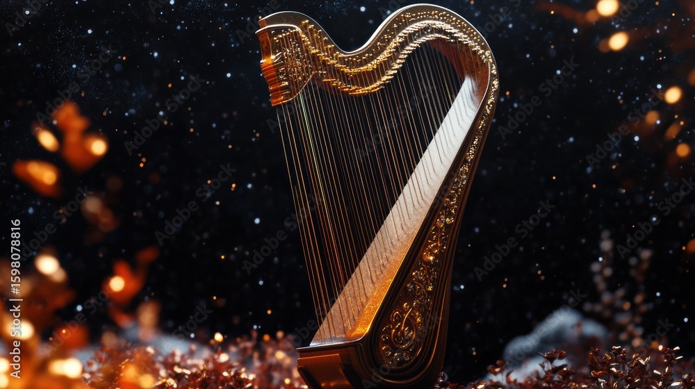 Fototapeta premium Stunning Harp Against a Dreamy Background of Sparkling Light and Bokeh, Perfect for Musical Themes and Artistic Concepts in Stock Imagery