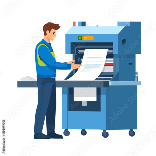Man Operating a Large-Format Blue Industrial Printer, Inspecting a Long Printed Document