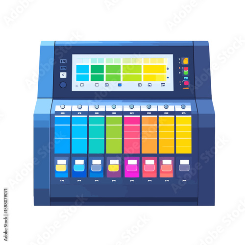 Colorful digital audio mixing console with multiple faders and displays