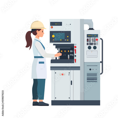 Female engineer in hard hat and lab coat operating a large industrial manufacturing machine with screen and controls.