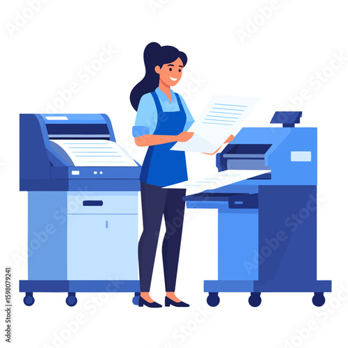 Smiling Woman Operating Modern Office Printing Machines