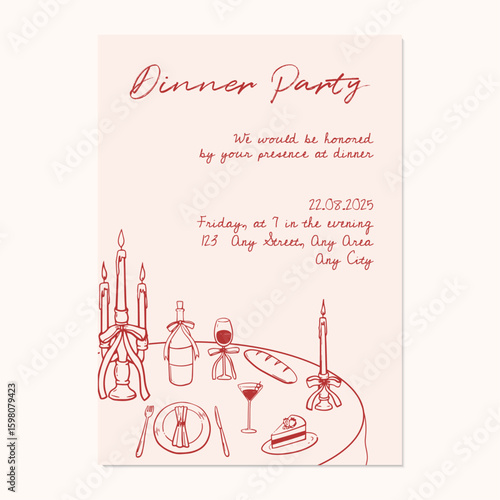 Hand-drawn dinner party invitation with foods, drinks and candles on the table. Printable whimsical dinner party invitation template.