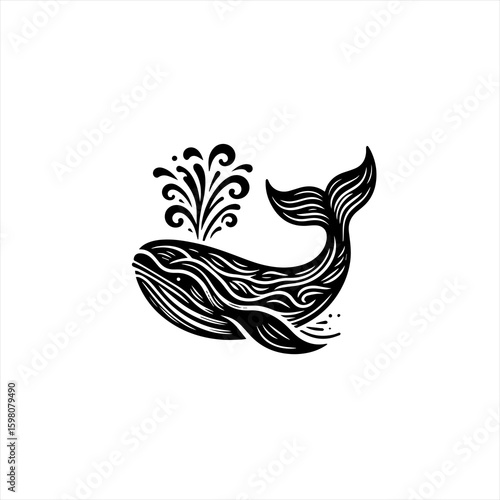 Stylized black and white whale spouting water