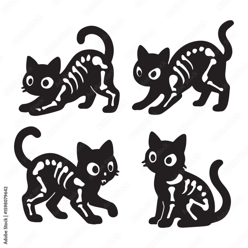 Obraz premium Skeleton Cat Silhouette Set – Halloween Spooky Black Cat Icons