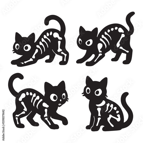 Skeleton Cat Silhouette Set – Halloween Spooky Black Cat Icons

