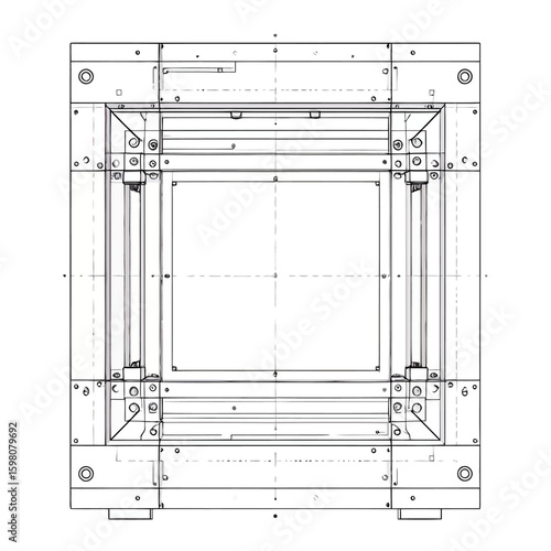 Symmetrical plan view technical drawing of a complex industrial mold assembly with precise details.