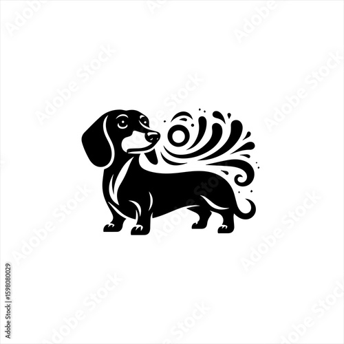 Stylized black dachshund dog with swirling design elements