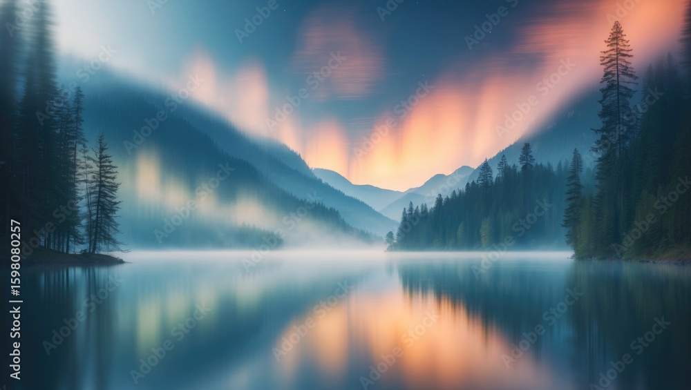 Fototapeta premium Serene mountain lake scene during sunset or sunrise with dramatic sky and reflections, showcasing nature's tranquility.