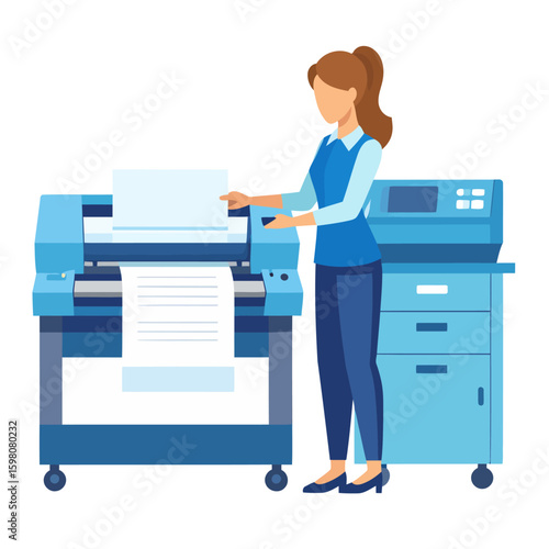Professional woman in blue uniform operating a large format industrial printer and plotter.