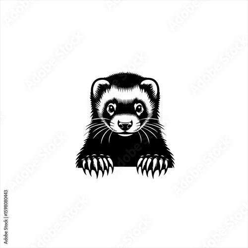 Black and white illustration of a ferret peeking over an edge