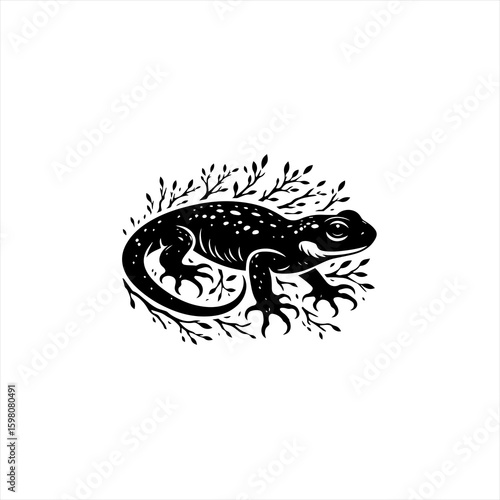 Stylized black lizard with leafy accents on white background