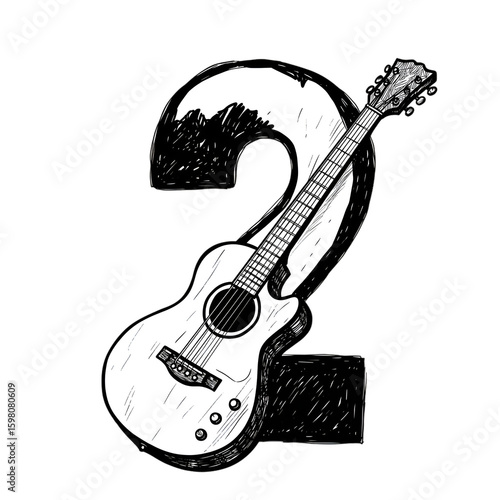 Illustration of Number Two with Acoustic Guitar and Wave Design