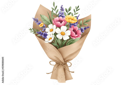 Illustration of Colorful Spring Flower Bouquet Wrapped in Brown Paper on Transparent Background