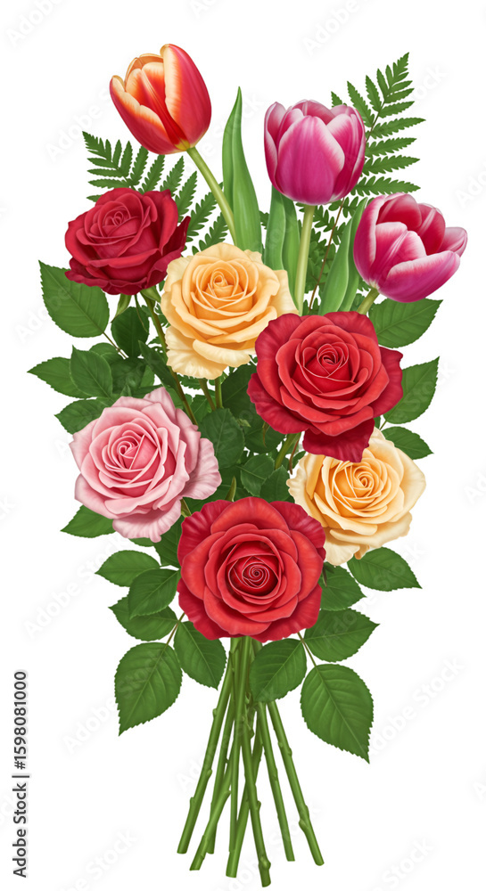 Fototapeta premium Illustration of Colorful Rose and Tulip Bouquet on Transparent Background