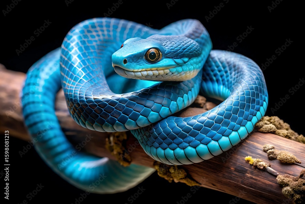 Fototapeta premium Vibrant Blue Snake Coiled on a Branch with Dark Background
