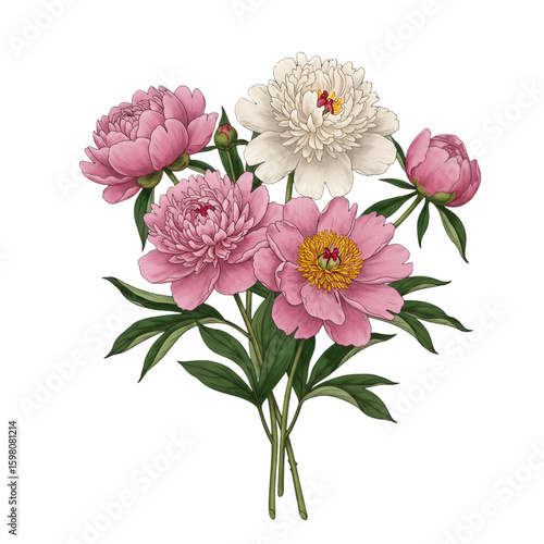 Illustration of Pink and White Peonies Bouquet on Transparent Background