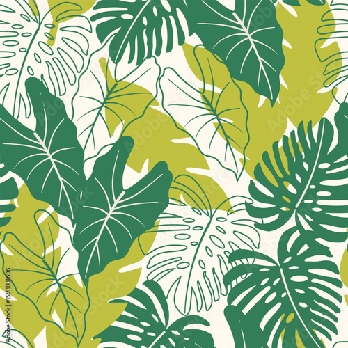 Abstract seamless tropical pattern with bright plants and leaves on a green background.Vector design. Jungle print. Floral background.  Seamless pattern with colorful leaves and plants.