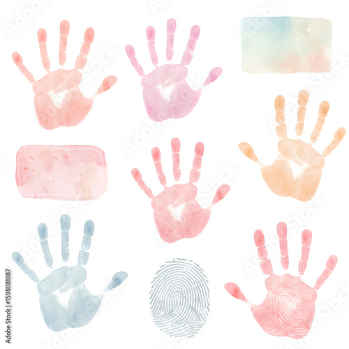 Illustration: Watercolor Handprints and Fingerprints on Transparent Background