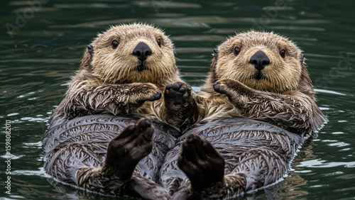 A close-up of two otters floating on their backs