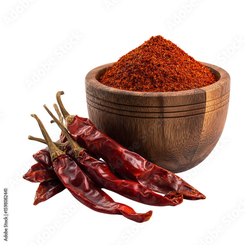 PNG of A rustic wooden bowl filled with vibrant red chili powder beside dried red chilies, showcasing spices' rich colors.