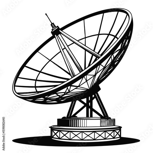 Black and white illustration of a large satellite dish antenna