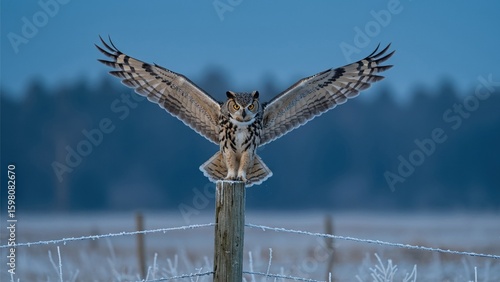 A Great Horned Owl landing 