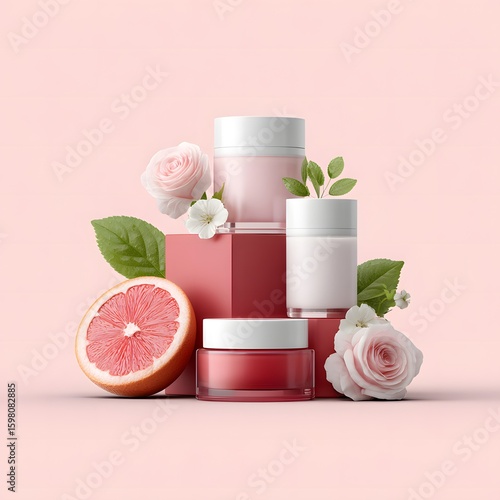 Elegant display showcasing cosmetic product illustrations with grapefruit, roses, and gentle lighting, conveying natural beauty and skincare elegance beautifully.