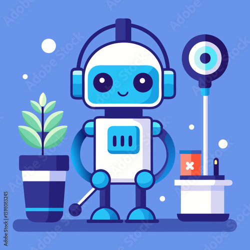 Friendly robot with headphones tending to a plant and equipment