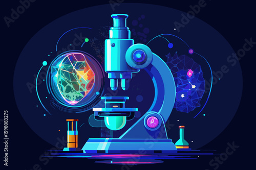 Futuristic microscope examining abstract biological structure and molecular network