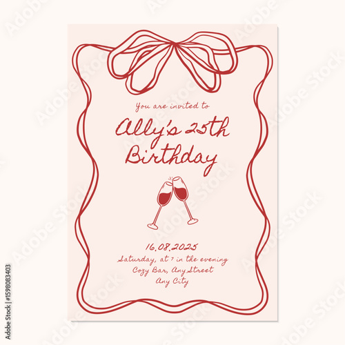 Hand-drawn birthday invitation with clinking glasses and ribbon border. Printable whimsical birthday invitation template.
