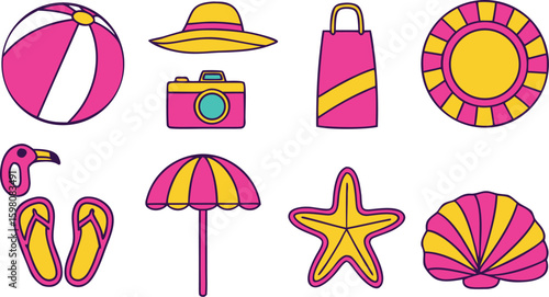 Beach Vacation Doodle Icons – Summer Holiday Vector Set with Accessories and Travel Items